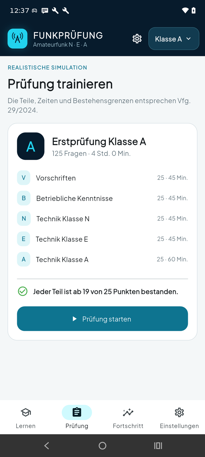 Funkprüfung: Prüfungsteile und Zeitvorgaben in der Simulation für Klasse A