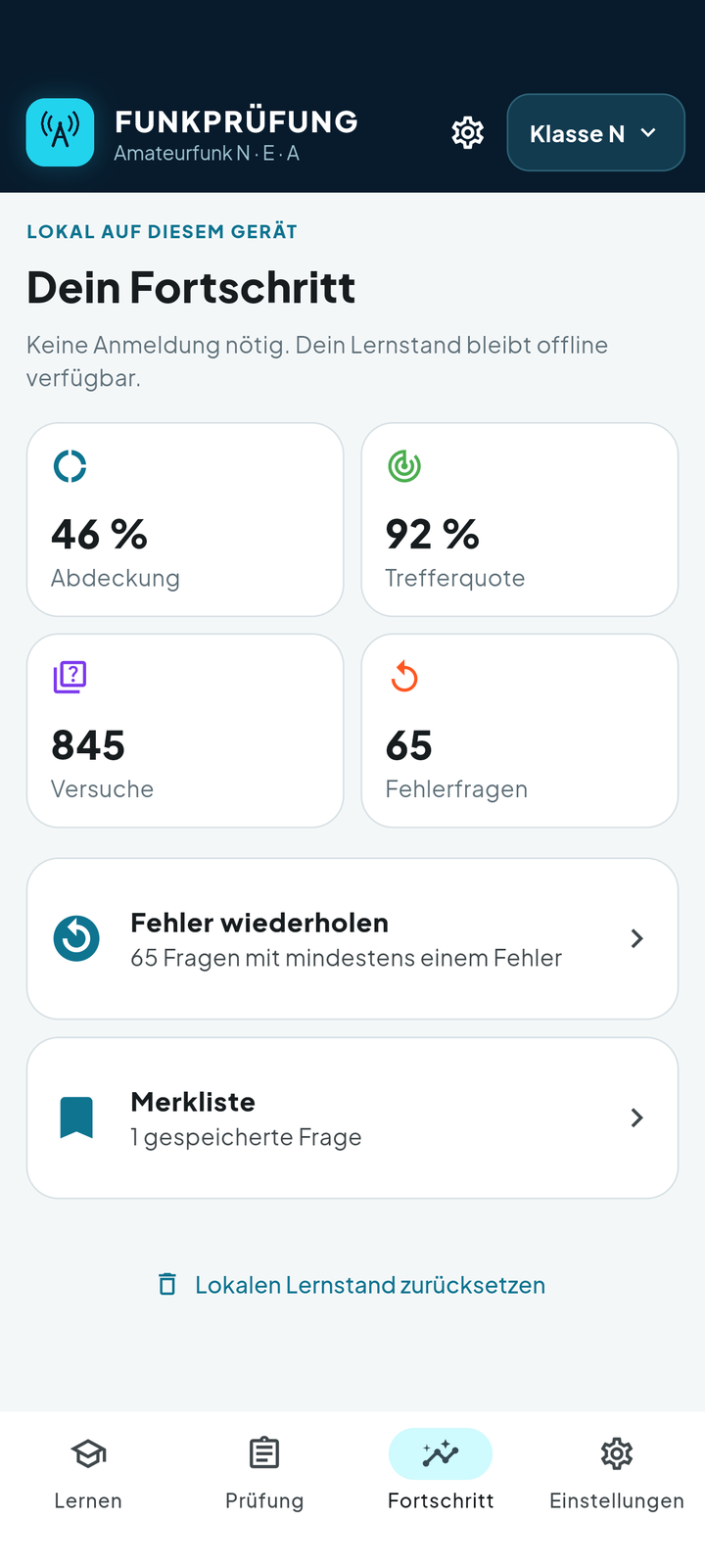Funkprüfung: Lernfortschritt und Auswertung beantworteter Fragen